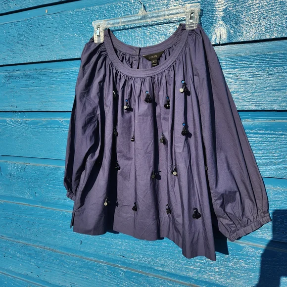 J. Crew Blue Blouse with Black Tassels - Picture 1 of 9